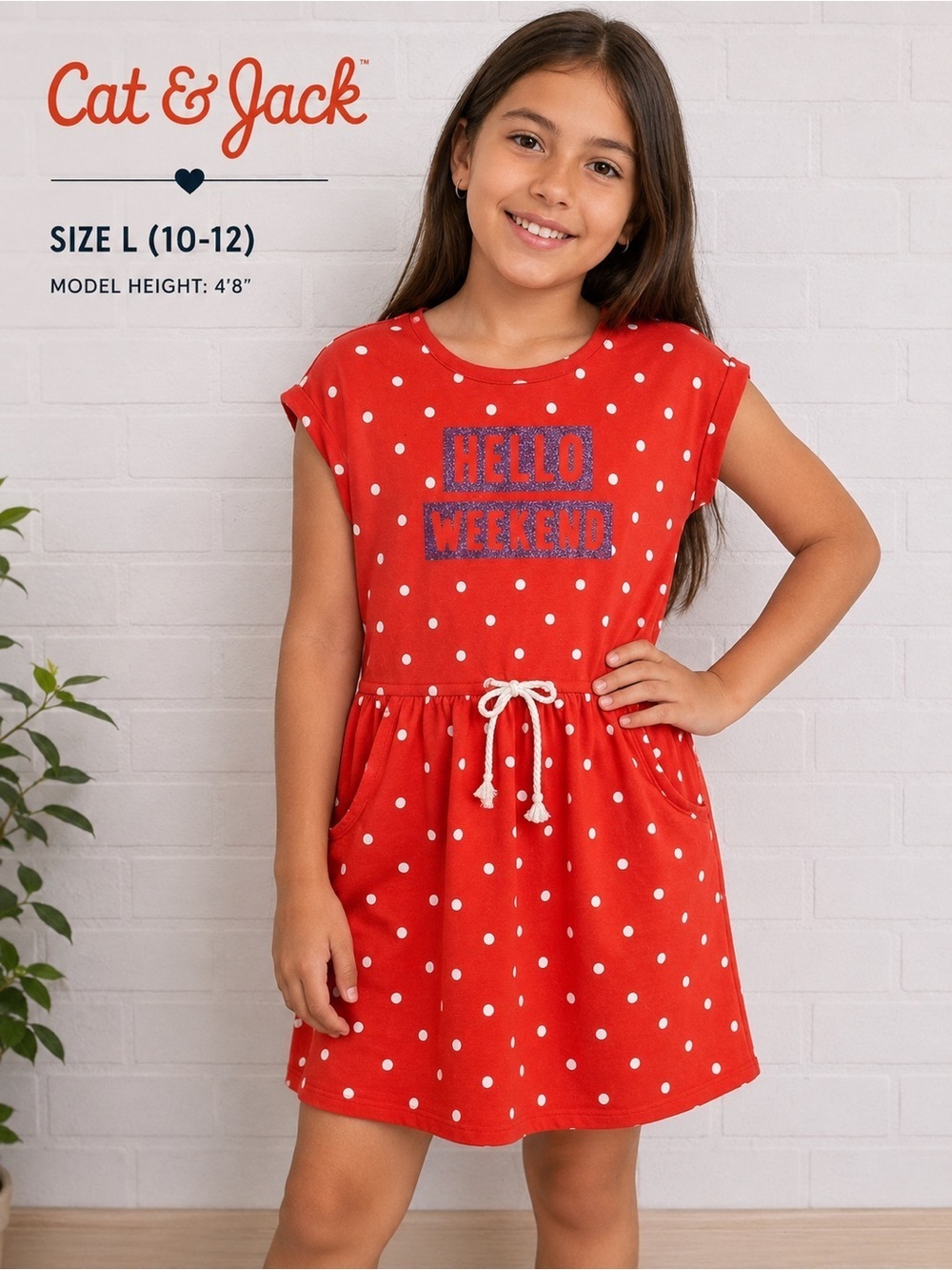 CAT & JACK little girls casual tie waist polka dot dress/ size L 10-12